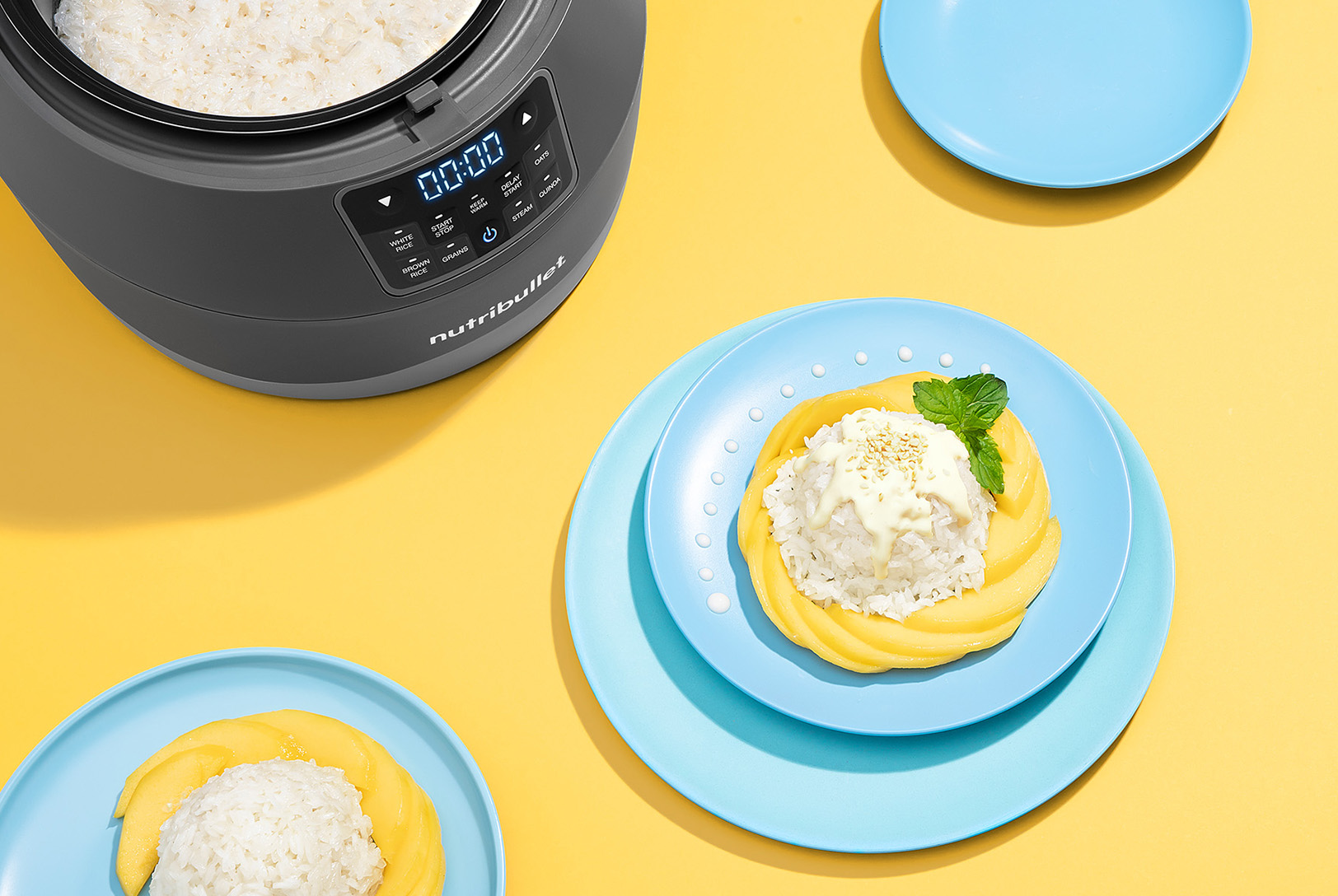 thai mango with coconut sticky rice on blue plates with nutribullet grains cooker